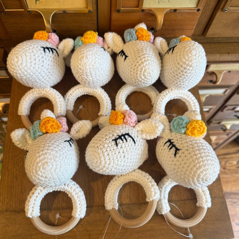 Handmade Crochet Unicorn Wooden Baby Rattles- White with Pastel Flowers